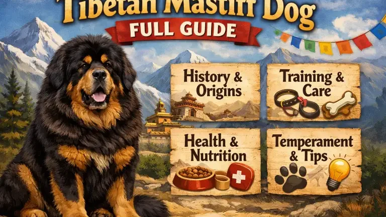 Adult Tibetan Mastiff standing outdoors with a thick double coat, powerful build, and lion-like mane