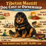 Full-grown Tibetan Mastiff standing in a rural environment highlighting its large size and guardian nature