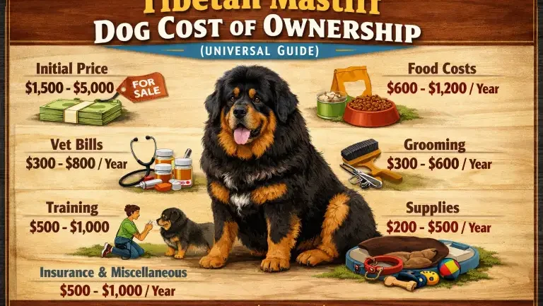 Full-grown Tibetan Mastiff standing in a rural environment highlighting its large size and guardian nature
