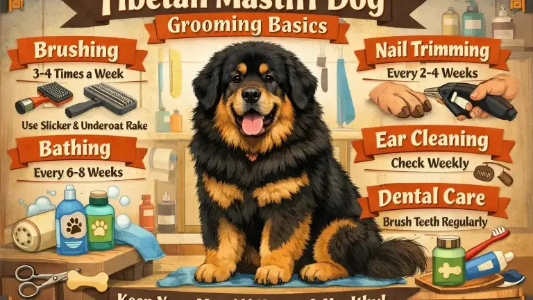 Tibetan Mastiff with dense double coat being brushed to manage shedding and coat maintenance