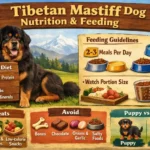 Large Tibetan Mastiff resting near a food bowl, showing strong build and thick protective coat