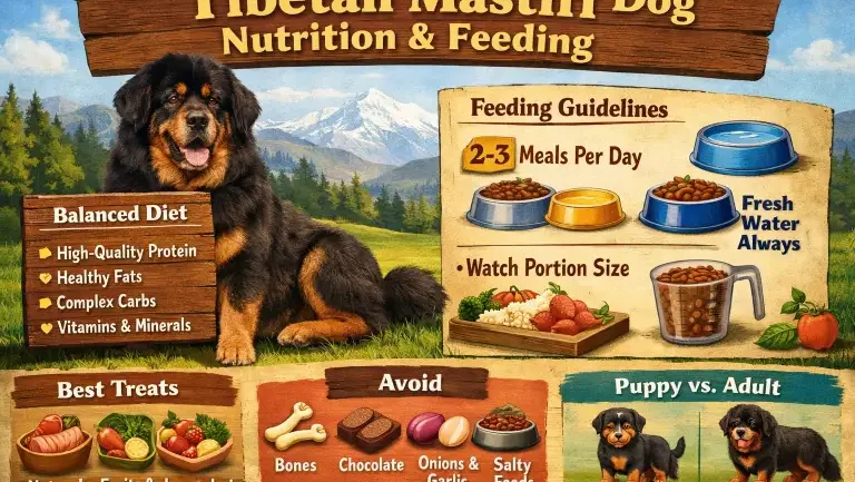 Large Tibetan Mastiff resting near a food bowl, showing strong build and thick protective coat