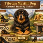 Tibetan Mastiff calmly observing its owner during basic obedience training in an open outdoor setting