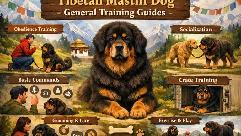 Tibetan Mastiff calmly observing its owner during basic obedience training in an open outdoor setting