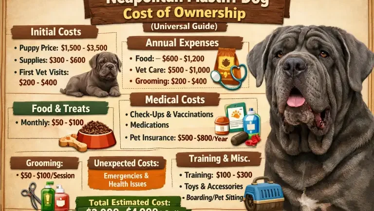 Neapolitan Mastiff dog with owner highlighting expenses related to food, care, and veterinary needs