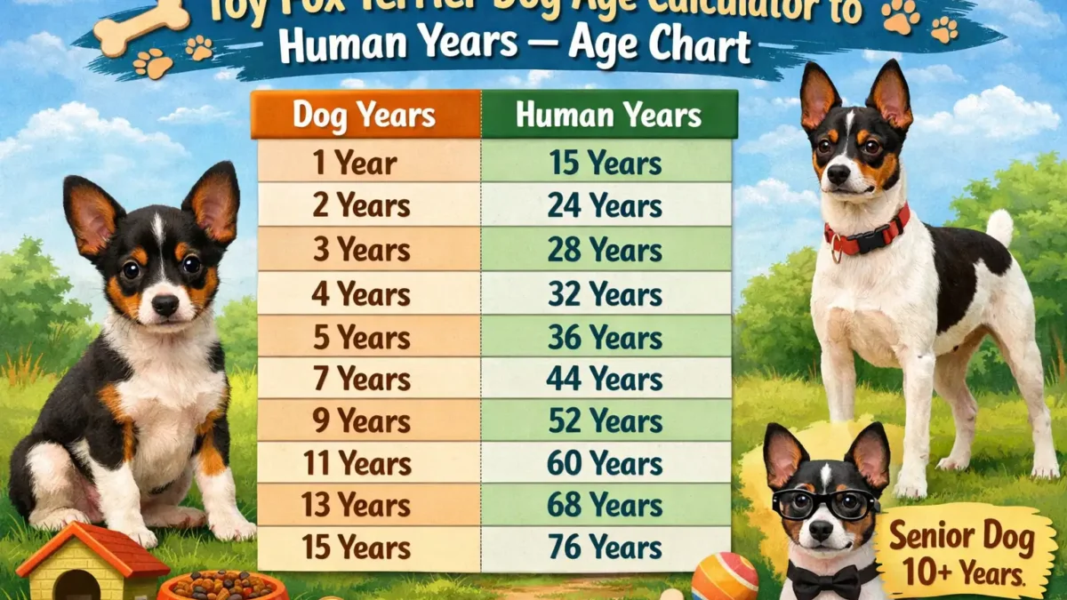 Toy Fox Terrier age calculator showing how dog years convert to human years using an age chart