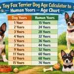 Toy Fox Terrier age in human years chart showing dog years, human age equivalents, and life stages