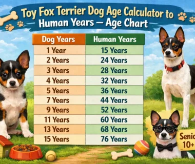 Toy Fox Terrier age calculator showing how dog years convert to human years using an age chart