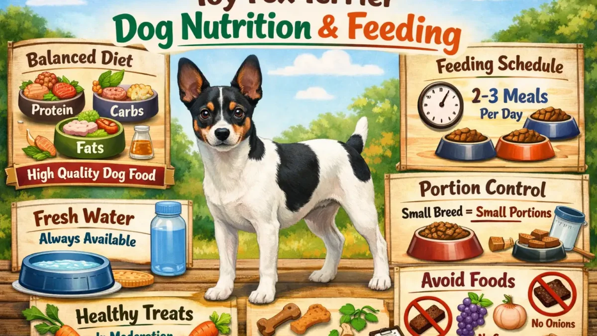 Toy Fox Terrier nutrition example showing a small, athletic Toy Fox Terrier with a short smooth coat eating a properly portioned meal