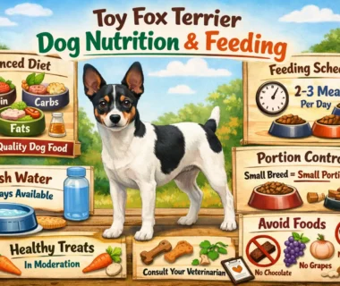 Toy Fox Terrier nutrition example showing a small, athletic Toy Fox Terrier with a short smooth coat eating a properly portioned meal