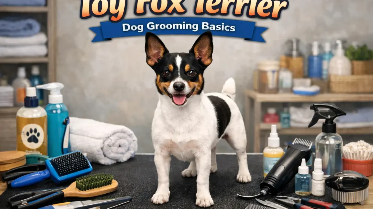Toy Fox Terrier grooming showing a small smooth-coated dog with a short, shiny coat and clean nails