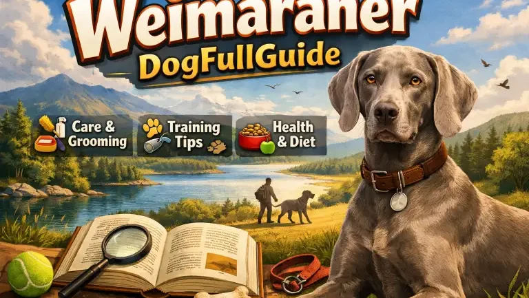 Adult Weimaraner dog with a sleek silver-gray coat and athletic build standing outdoors, showing the breed’s short coat, long ears, and alert expression