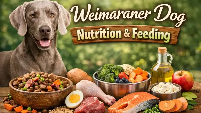 Adult Weimaraner dog eating from a bowl at home, reflecting proper nutrition for a large, active sporting breed