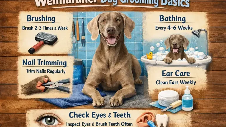 Close-up of a Weimaraner’s short, smooth gray coat being brushed, showing minimal shedding and easy grooming needs