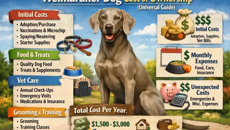 Weimaraner dog resting indoors with food bowls and toys nearby, representing daily care, supplies, and long-term ownership expenses