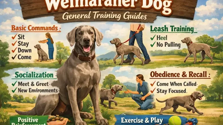 Weimaraner dog practicing obedience training with its owner, highlighting the breed’s intelligent, energetic temperament and strong focus