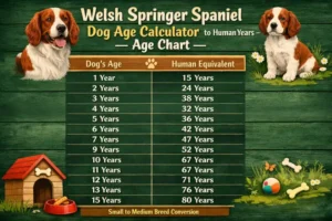 Welsh Springer Spaniel puppy next to an adult dog to show size, coat, and age differences