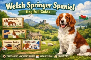 Adult Welsh Springer Spaniel with a red and white coat, long ears, and athletic build standing in a grassy field