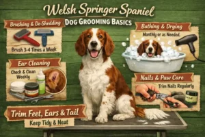Welsh Springer Spaniel being brushed, highlighting feathered ears, wavy coat, and red-and-white coloring