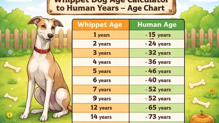 Adult Whippet dog sitting calmly, representing age stages and lifespan development