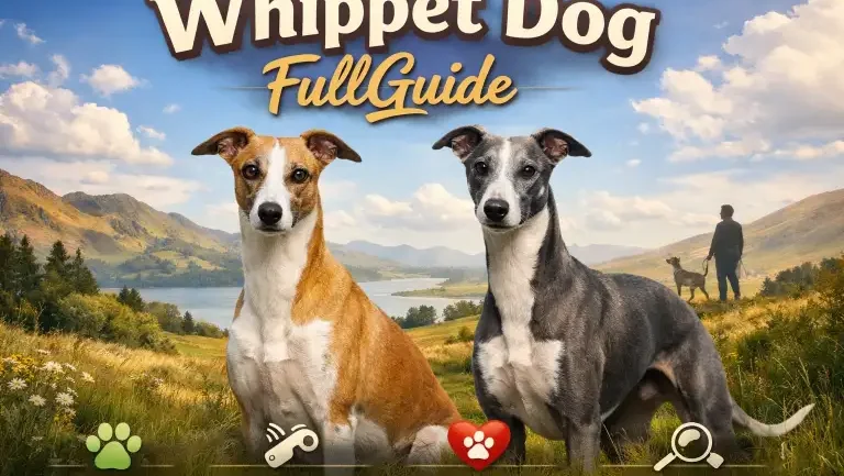 : Adult Whippet dog standing outdoors, showing its slim athletic build, deep chest, long legs, and short smooth coat