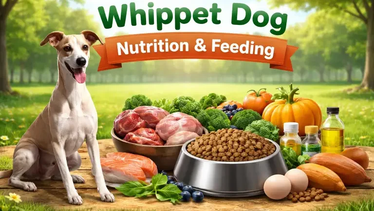 Whippet dog eating from a bowl, showing its lean body type and healthy condition
