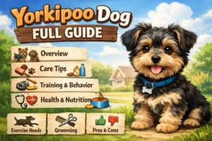 Small Yorkipoo dog with a curly coat, showing black, brown, and cream color variations.