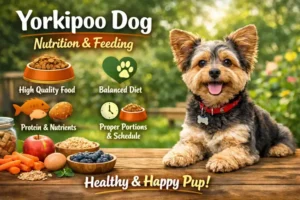 Small Yorkipoo eating from a bowl, highlighting portion size for small dogs.