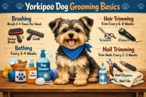 Yorkipoo dog during grooming, showing curly low-shedding coat typical of this mix breed.
