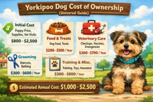 Yorkipoo dog at home with grooming tools, food, and supplies representing care costs.