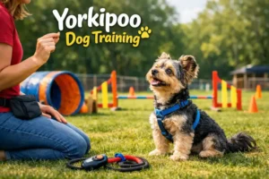 Yorkipoo dog learning basic training indoors, showing small size and friendly temperament.