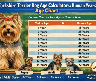 Yorkshire Terrier dog age calculator to human years showing a small adult Yorkie with silky coat and alert expression