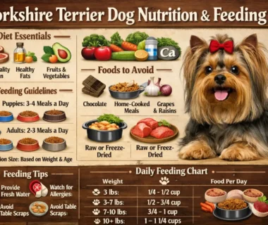 Yorkshire Terrier dog nutrition guide showing a small adult Yorkie with long silky coat and healthy body condition