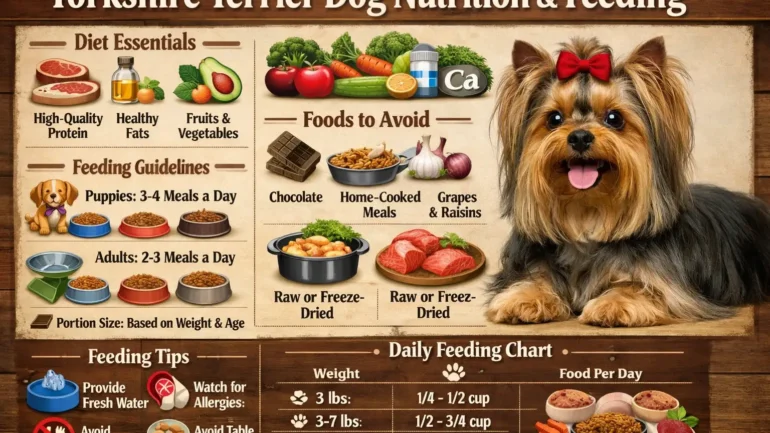 Yorkshire Terrier dog nutrition guide showing a small adult Yorkie with long silky coat and healthy body condition