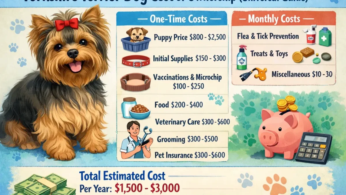 Yorkshire Terrier dog nutrition shown with a small Yorkie eating a balanced meal from a bowl on the floor