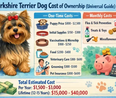 Yorkshire Terrier dog nutrition shown with a small Yorkie eating a balanced meal from a bowl on the floor