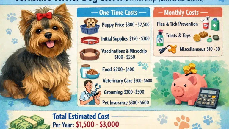 Yorkshire Terrier dog nutrition shown with a small Yorkie eating a balanced meal from a bowl on the floor