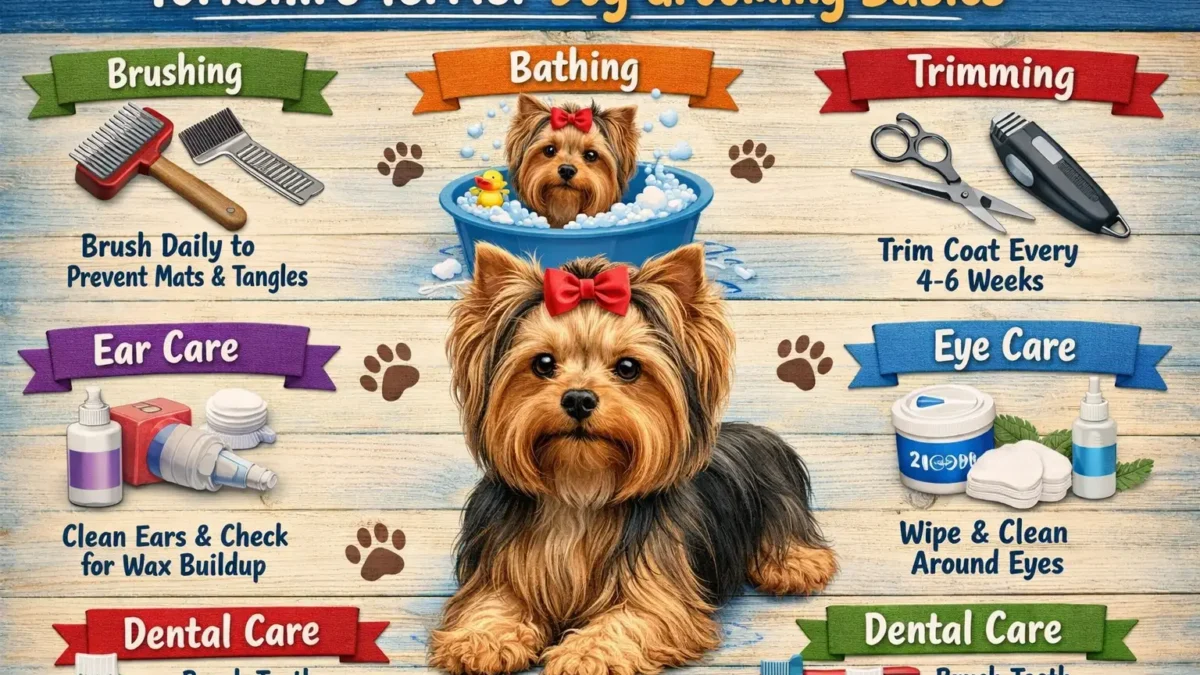 Yorkshire Terrier grooming showing a small long-haired Yorkie with a clean, brushed coat during routine care