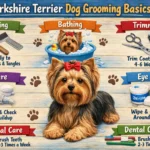 Yorkshire Terrier being groomed at home with brushed coat, clean face, and basic Yorkie grooming tools