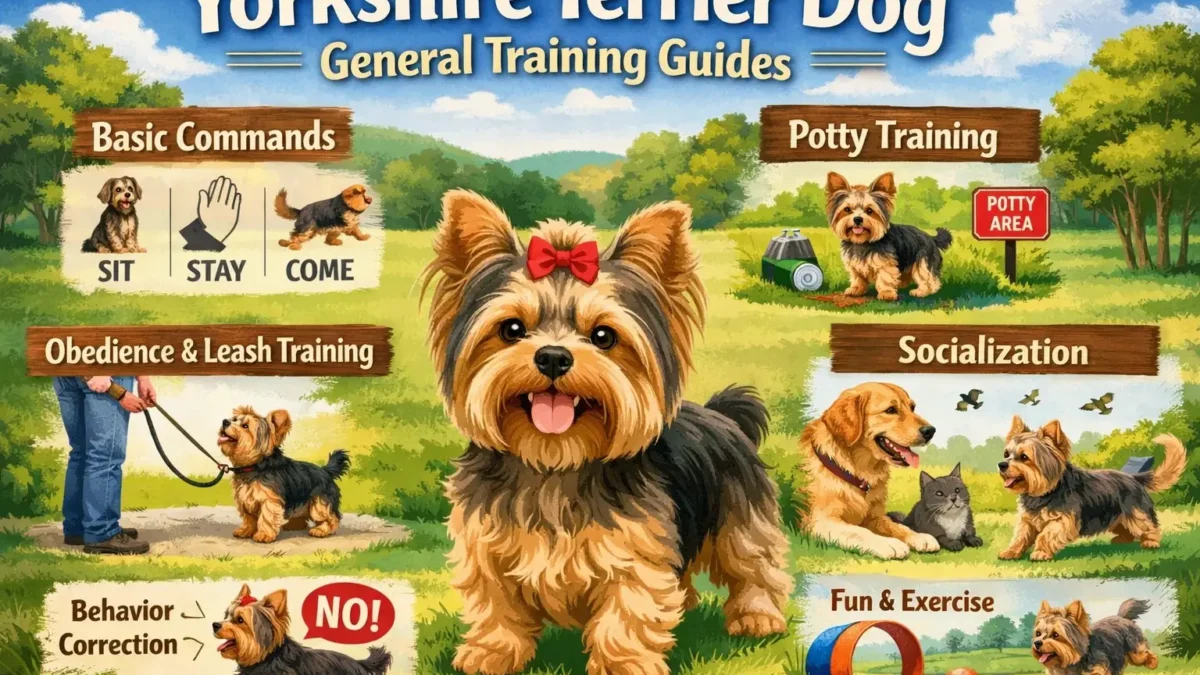 Yorkshire Terrier training session showing a small adult Yorkie learning basic obedience indoors