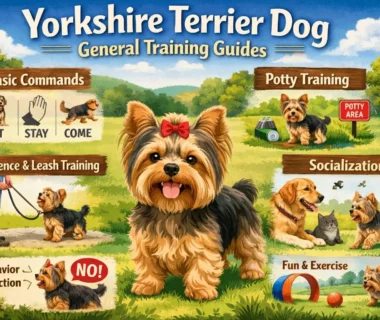 Yorkshire Terrier training session showing a small adult Yorkie learning basic obedience indoors