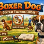 Adult Boxer dog focused during training, showing alert posture, muscular build, short coat, and attentive expression.