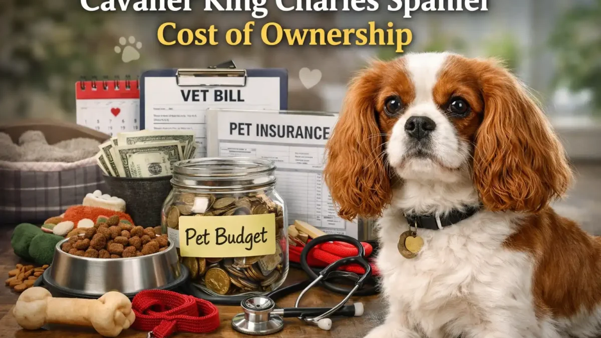cavalier king charles spaniel cost of ownership showing an adult dog beside pet budget items, vet bills, and insurance paperwork