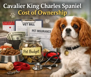 cavalier king charles spaniel cost of ownership showing an adult dog beside pet budget items, vet bills, and insurance paperwork