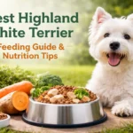 West Highland White Terrier dog sitting beside a food bowl, showing breed-specific feeding, diet, and nutrition guidance