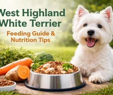 West highland white terrier dog sitting beside a bowl of healthy food, showing its white coat, small size, and alert expression