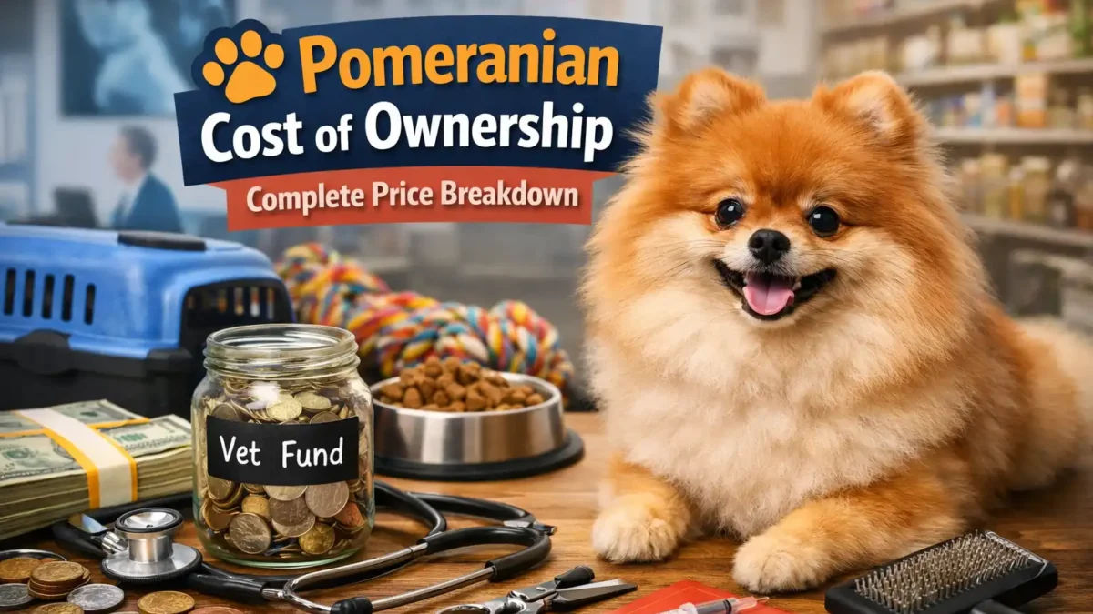 pomeranian cost of ownership shown by an adult pomeranian beside money, vet supplies, grooming tools, and dog food
