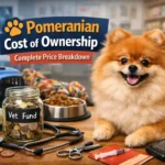 Pomeranian dog beside money, grooming tools, vet supplies, and dog food showing the cost of owning a Pomeranian