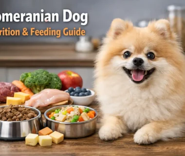 pomeranian dog nutrition showing an adult pomeranian sitting next to healthy dog food bowls and fresh ingredients