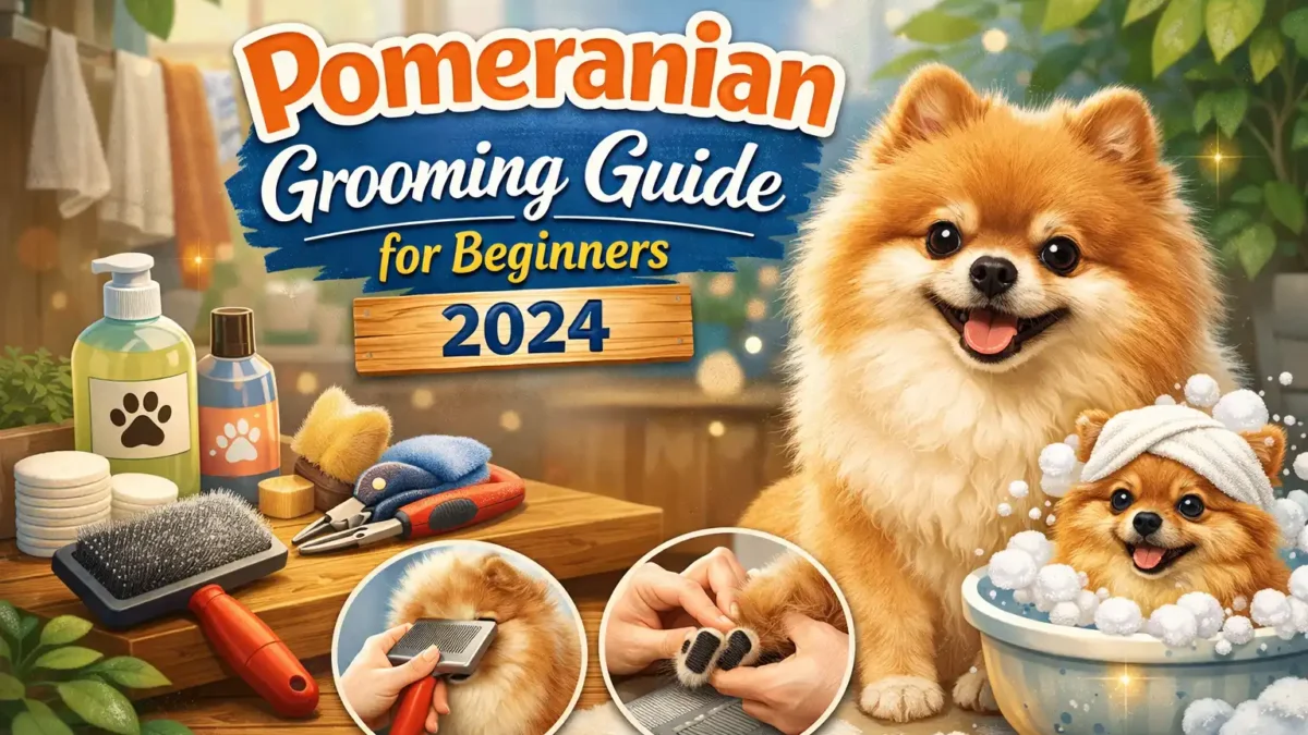 pomeranian grooming at home showing a fluffy pomeranian being brushed with grooming tools nearby